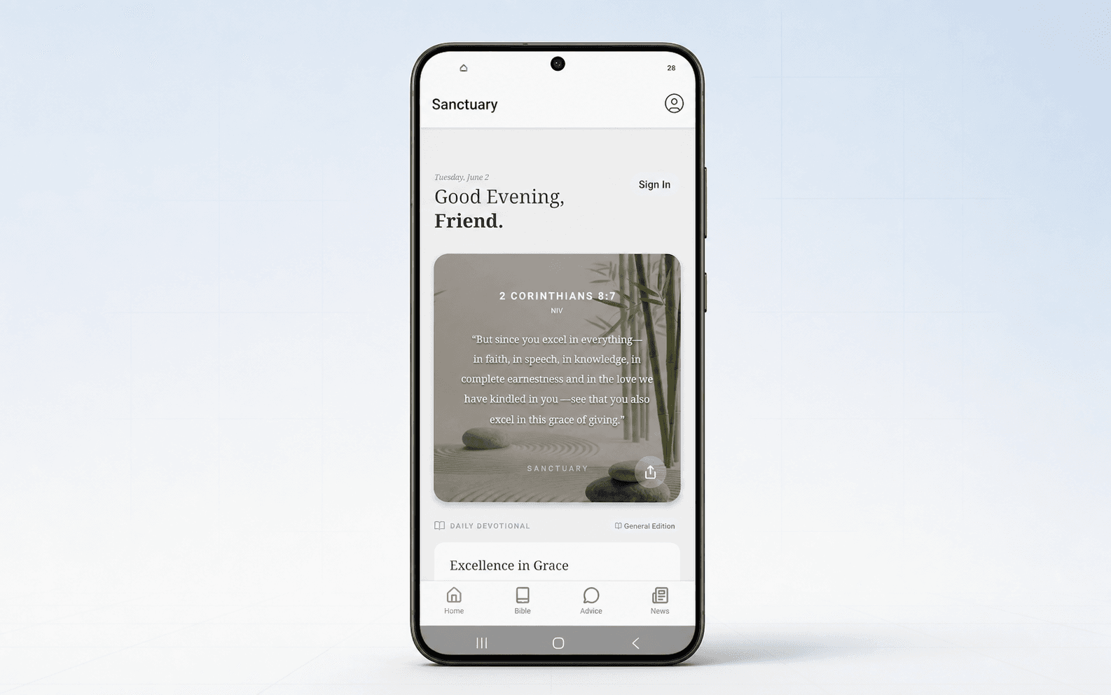 Sanctuary mobile app shown in a phone mockup